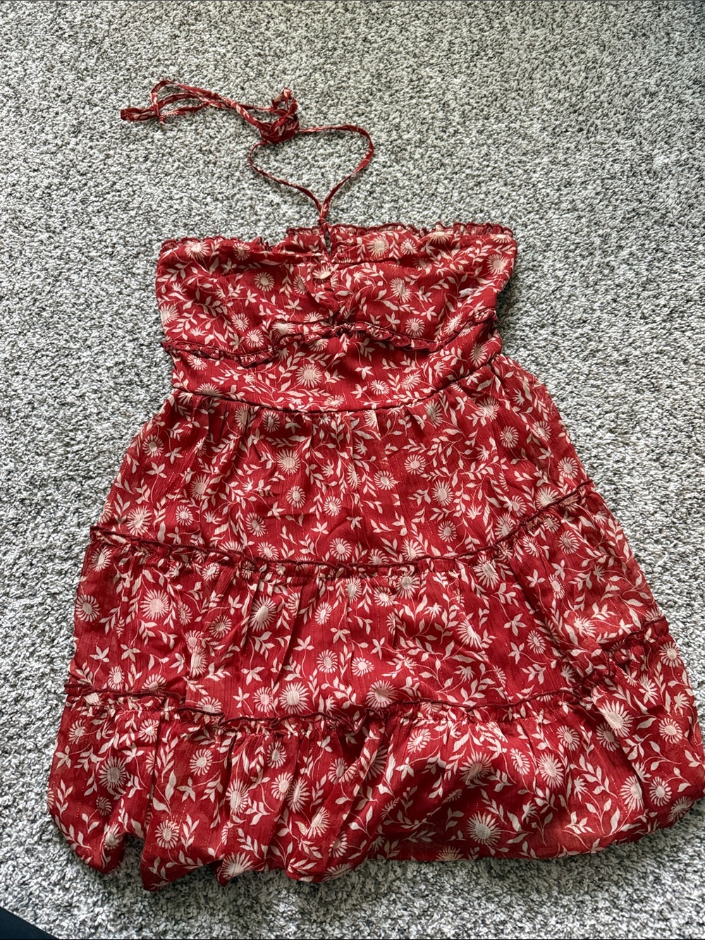 Francesca's Collections Red Floral Tiered Halter Mini Dress